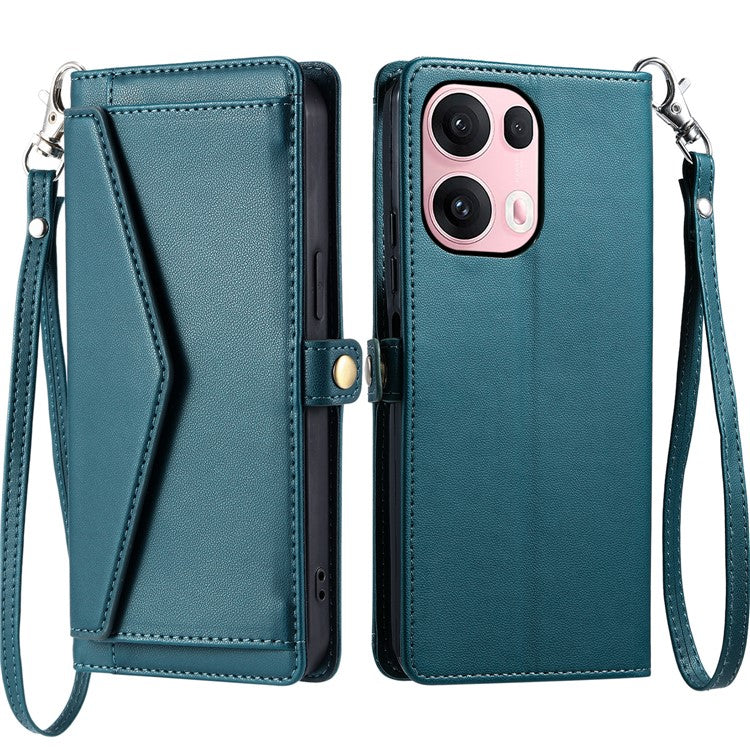 For Oppo Reno13 Pro 5G Leather Case with Wrist Strap Wallet Stand Phone Cover - Blackish Green