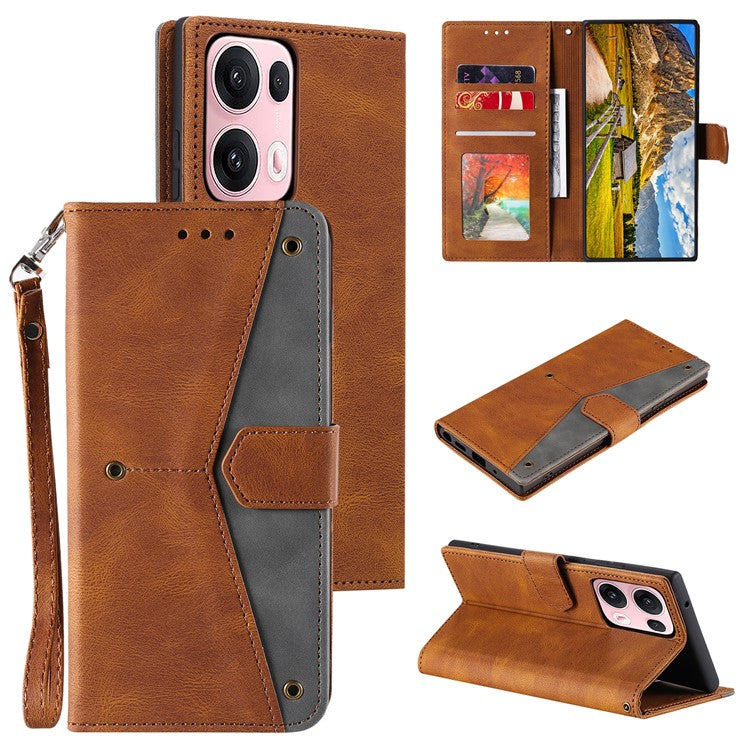 For Oppo Reno13 Pro 5G Leather Case Splicing Stitching Wallet Phone Cover with Wrist Strap - Brown