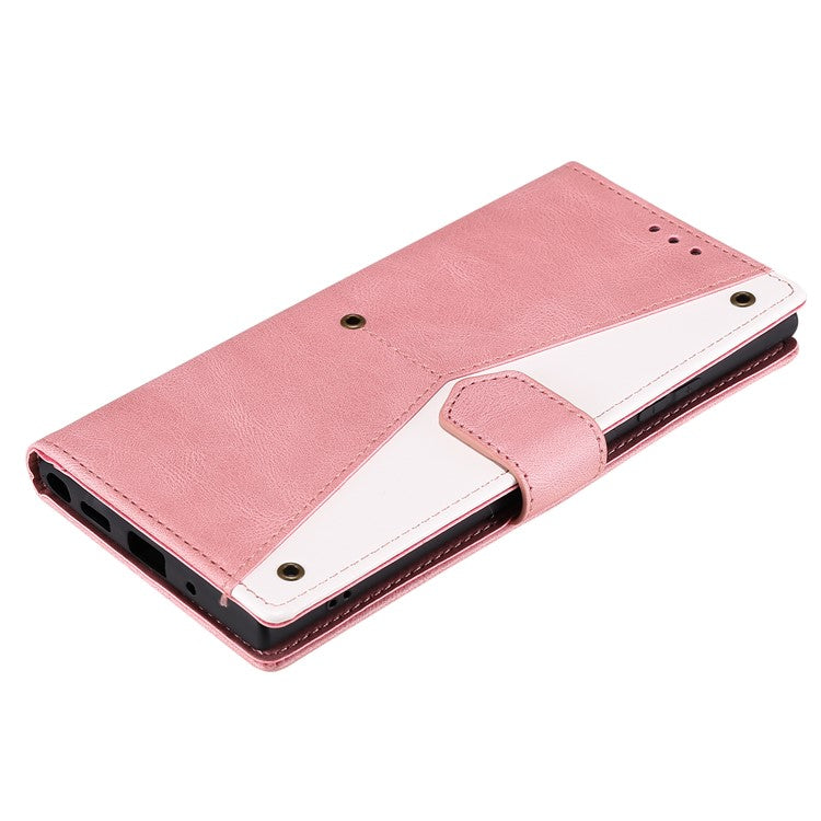 For Oppo Reno13 Pro 5G Leather Case Splicing Stitching Wallet Phone Cover with Wrist Strap - Rose Gold