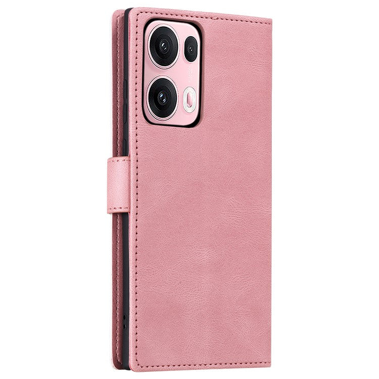 For Oppo Reno13 Pro 5G Leather Case Splicing Stitching Wallet Phone Cover with Wrist Strap - Rose Gold