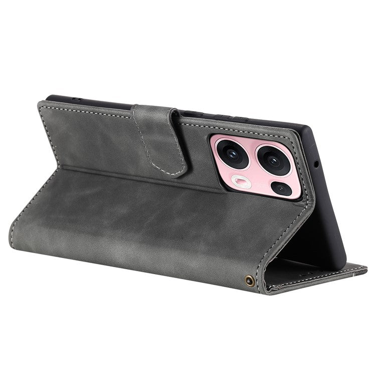For Oppo Reno13 Pro 5G Leather Case Splicing Stitching Wallet Phone Cover with Wrist Strap - Grey