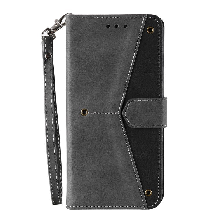 For Oppo Reno13 Pro 5G Leather Case Splicing Stitching Wallet Phone Cover with Wrist Strap - Grey
