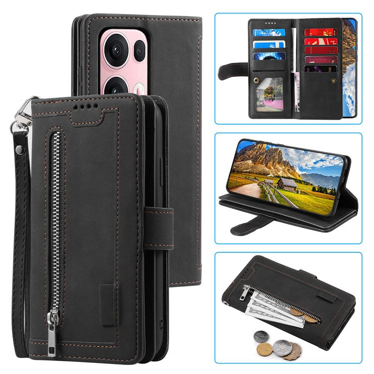 For Oppo Reno13 Pro 5G Case PU Leather Phone Cover with Zipper Wallet 9 Card Slots - Black