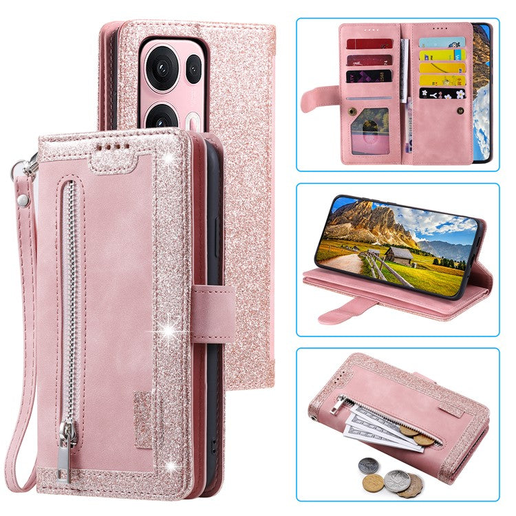 For Oppo Reno13 Pro 5G Case PU Leather Phone Cover with Zipper Wallet 9 Card Slots - Rose Gold
