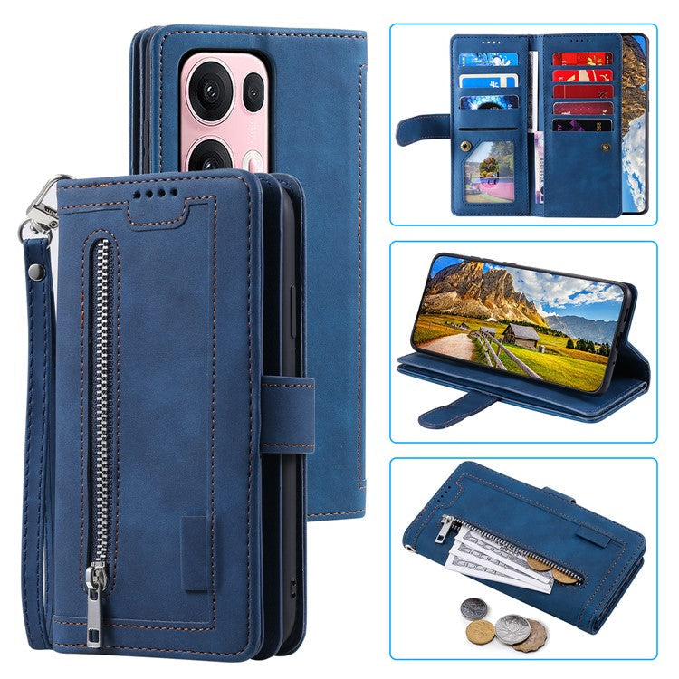 For Oppo Reno13 Pro 5G Case PU Leather Phone Cover with Zipper Wallet 9 Card Slots - Blue