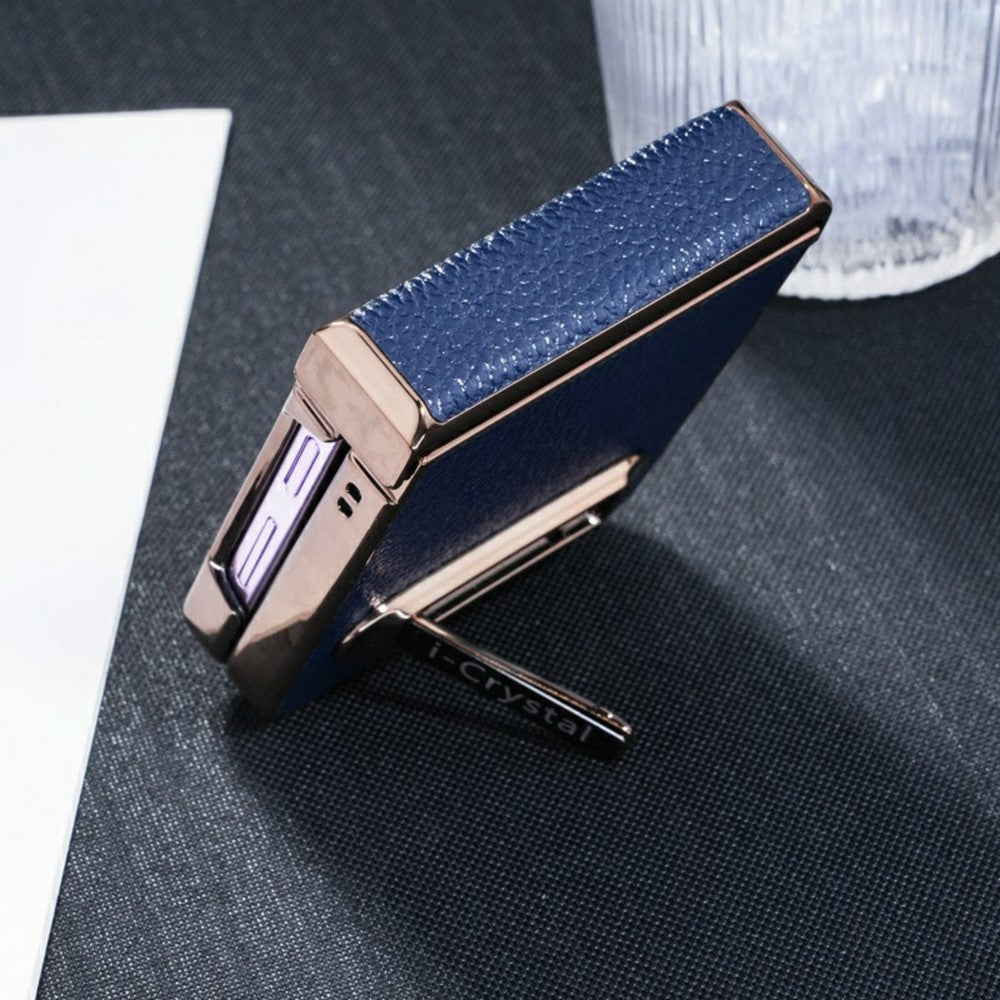 For Samsung Galaxy Z Flip7 FE 5G / Z Flip6 5G Case Electroplated Leather + PC Phone Cover with Invisible Kickstand - Blue