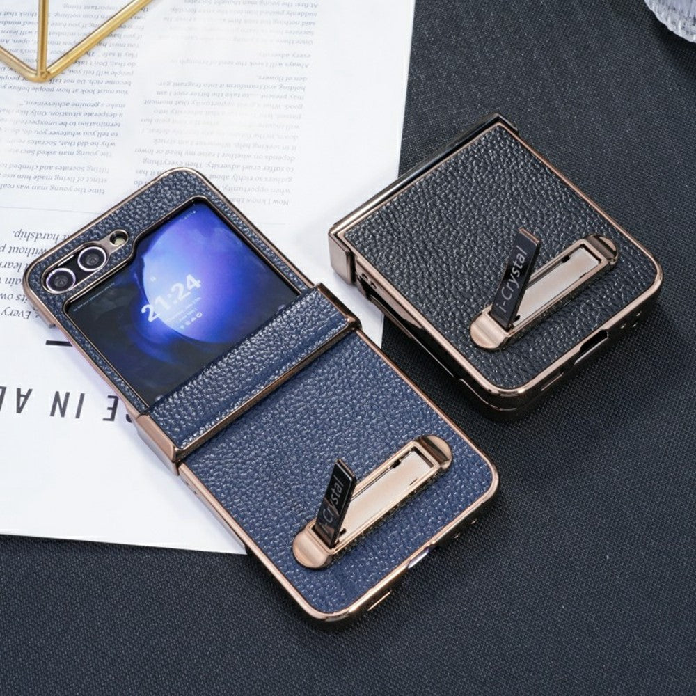 For Samsung Galaxy Z Flip7 FE 5G / Z Flip6 5G Case Electroplated Leather + PC Phone Cover with Invisible Kickstand - Blue