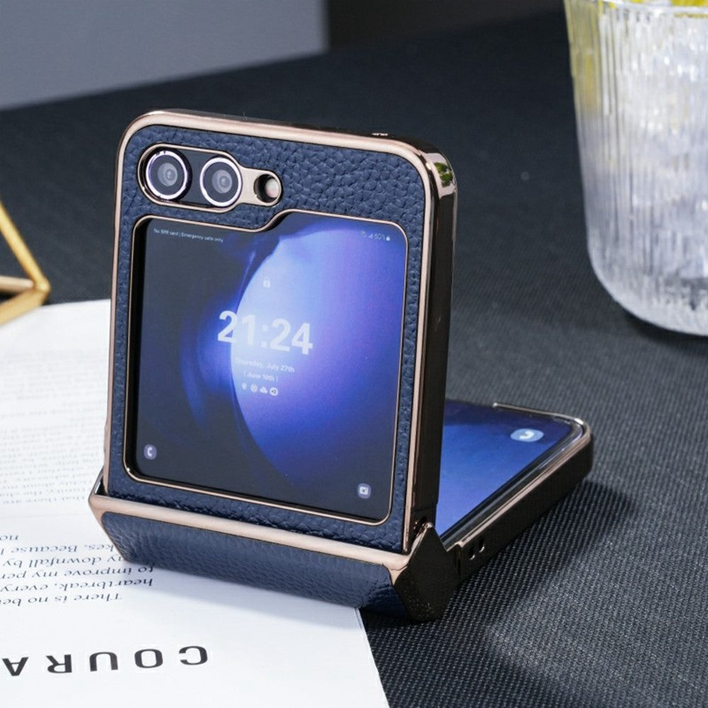 For Samsung Galaxy Z Flip7 FE 5G / Z Flip6 5G Case Electroplated Leather + PC Phone Cover with Invisible Kickstand - Blue