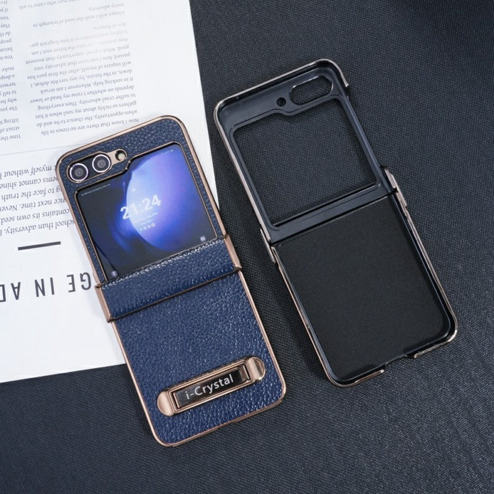 For Samsung Galaxy Z Flip7 FE 5G / Z Flip6 5G Case Electroplated Leather + PC Phone Cover with Invisible Kickstand - Black