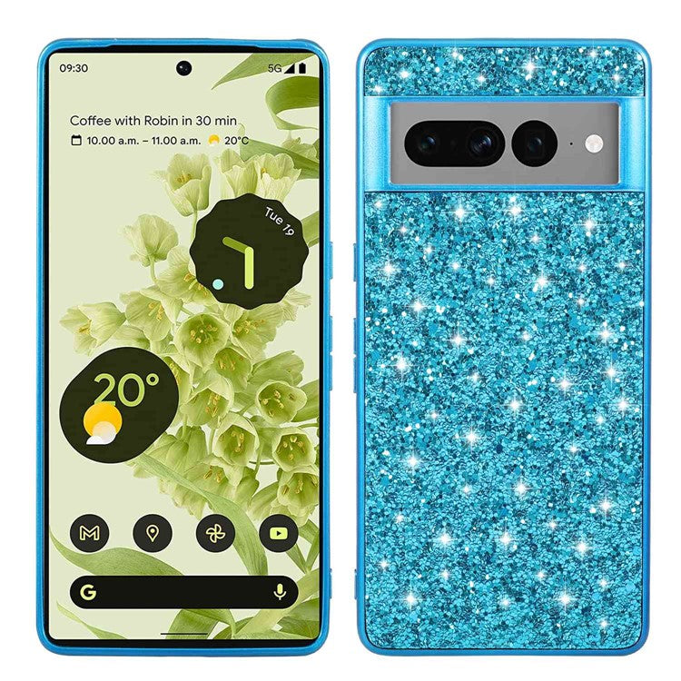 For Google Pixel 7 Pro 5G Shiny Glitter Sequins Phone Protective Case Electroplating TPU Frame Hard PC Back Cover - Blue