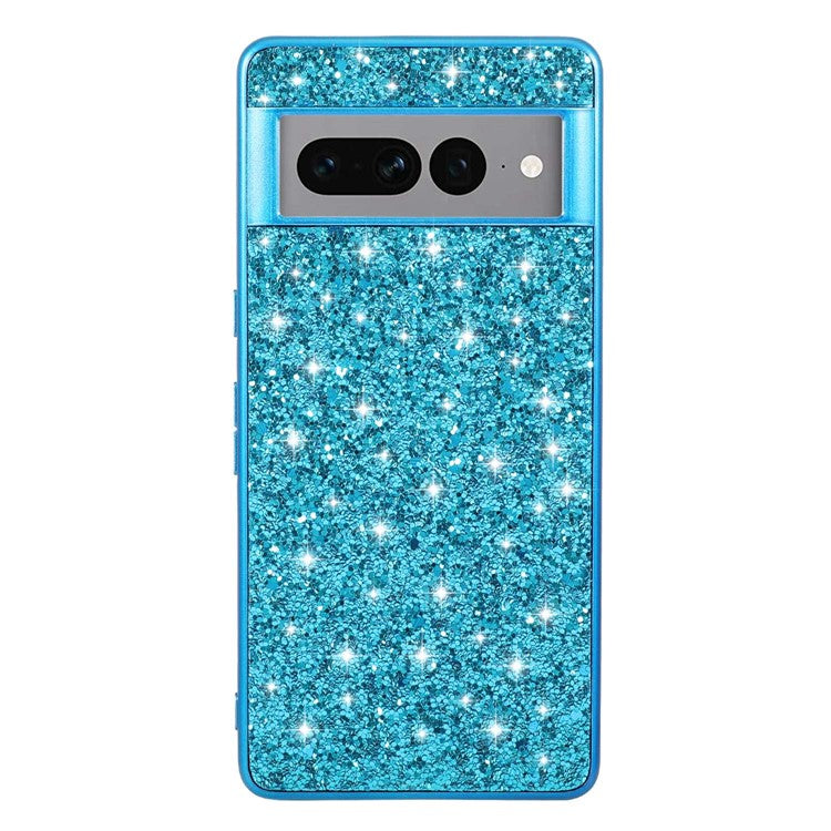 For Google Pixel 7 Pro 5G Shiny Glitter Sequins Phone Protective Case Electroplating TPU Frame Hard PC Back Cover - Blue