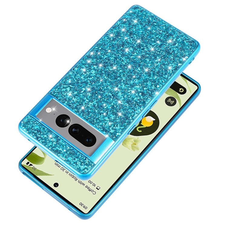 For Google Pixel 7 Pro 5G Shiny Glitter Sequins Phone Protective Case Electroplating TPU Frame Hard PC Back Cover - Blue