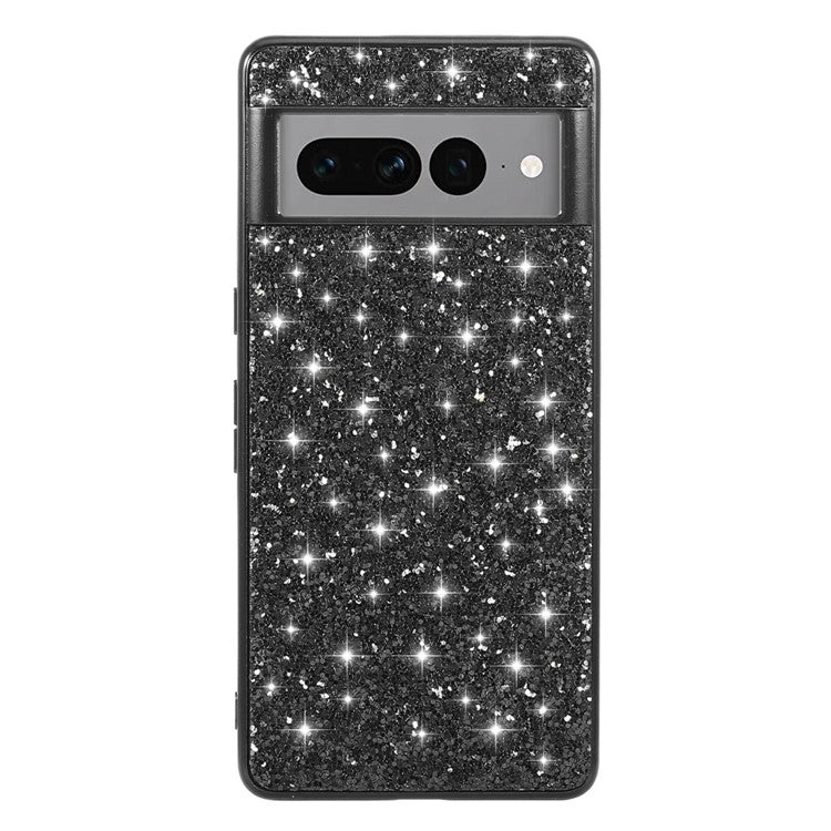 For Google Pixel 7 Pro 5G Shiny Glitter Sequins Phone Protective Case Electroplating TPU Frame Hard PC Back Cover - Black