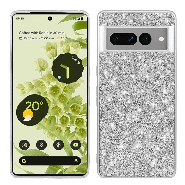 For Google Pixel 7 Pro 5G Shiny Glitter Sequins Phone Protective Case Electroplating TPU Frame Hard PC Back Cover - Silver