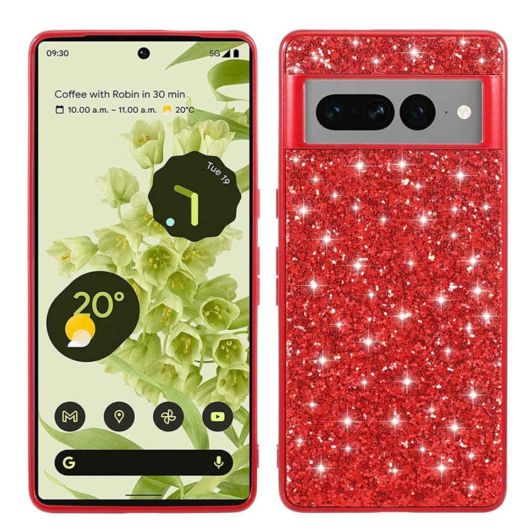 For Google Pixel 7 Pro 5G Shiny Glitter Sequins Phone Protective Case Electroplating TPU Frame Hard PC Back Cover - Red