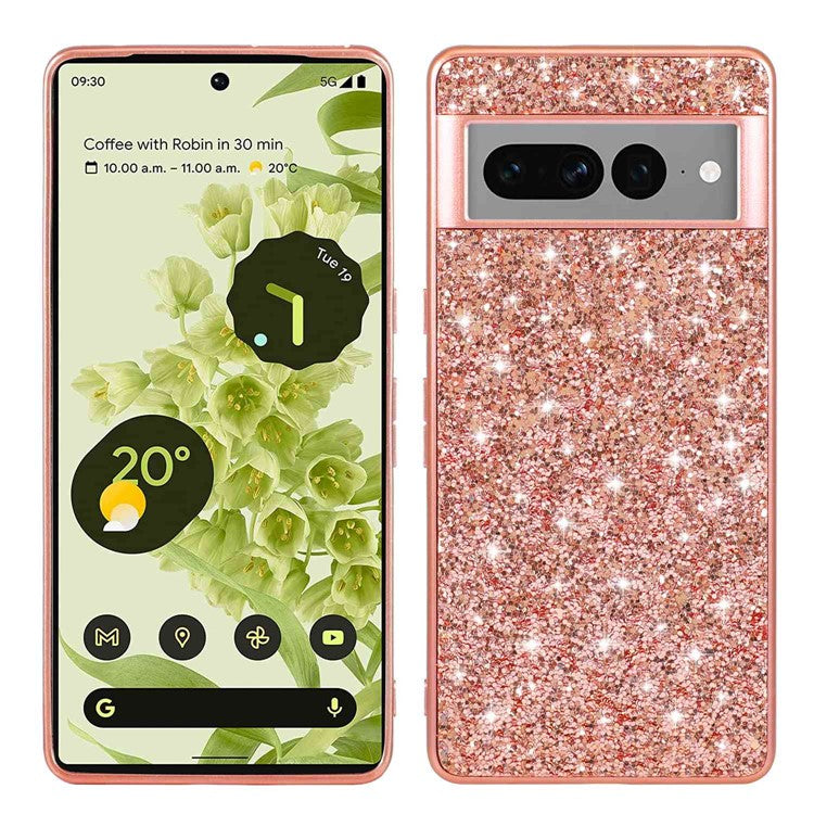 For Google Pixel 7 Pro 5G Shiny Glitter Sequins Phone Protective Case Electroplating TPU Frame Hard PC Back Cover - Rose Gold