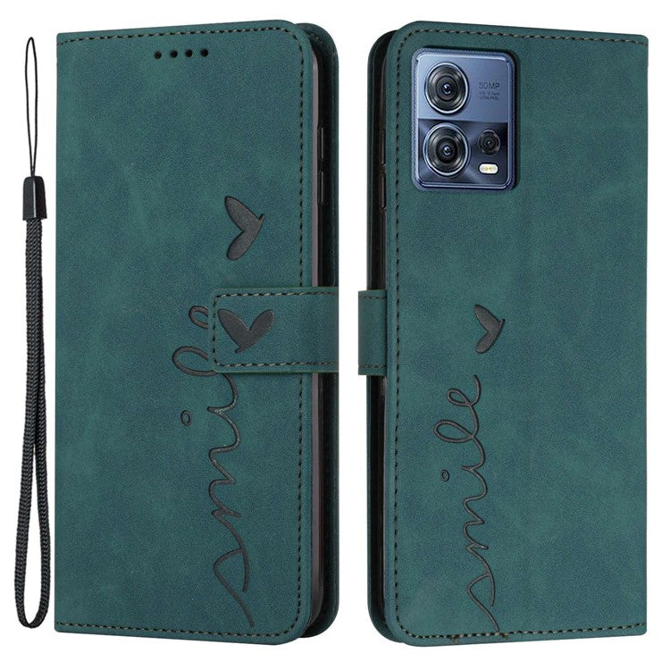 Skin-friendly Phone Case For Motorola Moto S30 Pro 5G / Edge 30 Fusion 5G, Heart Shape Imprinted Flip Leather Wallet Cover Stand with Strap - Green