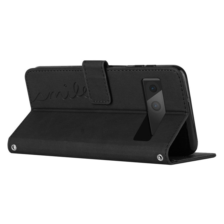 Skin-touch Feeling Leather Phone Case for Google Pixel 7 5G, Imprinted Heart Shape Pattern Multifunction Wallet Stand Phone Shell with Strap - Black