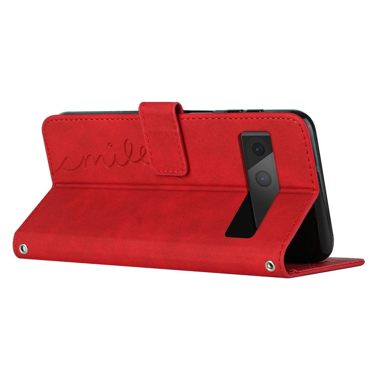 Skin-touch Feeling Leather Phone Case for Google Pixel 7 5G, Imprinted Heart Shape Pattern Multifunction Wallet Stand Phone Shell with Strap - Red