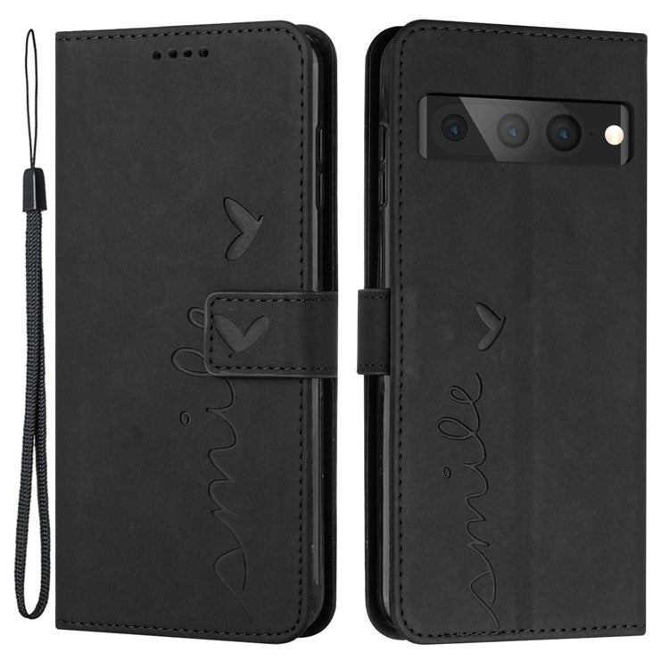 For Google Pixel 7 Pro 5G Skin-touch Feeling PU Leather Wallet Stand Shell Imprinted Heart Shape Anti-scratch Phone Case with Strap - Black