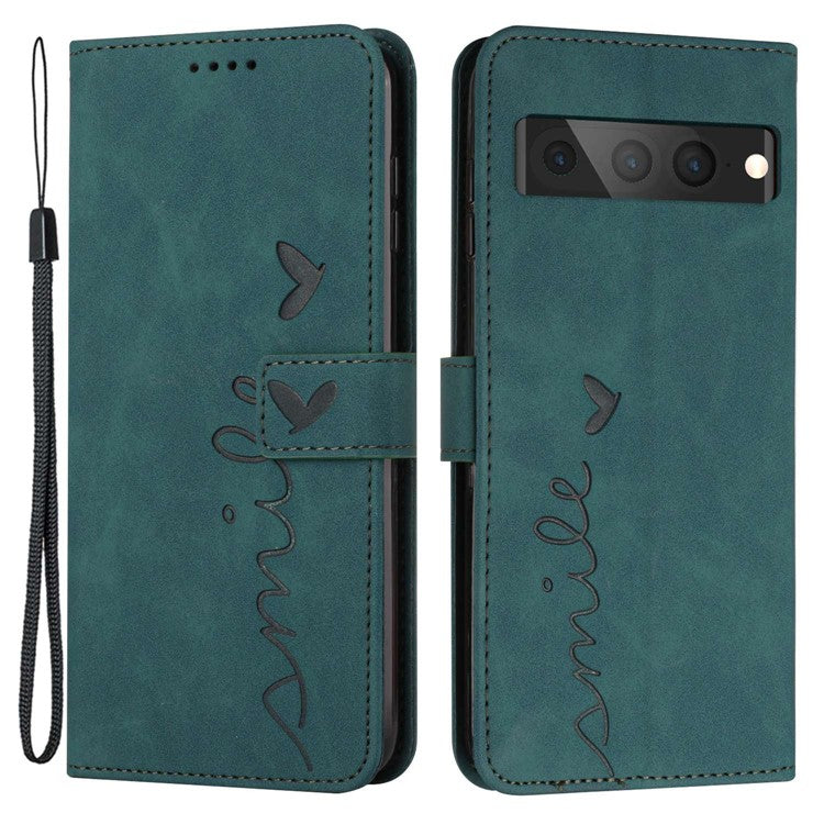 For Google Pixel 7 Pro 5G Skin-touch Feeling PU Leather Wallet Stand Shell Imprinted Heart Shape Anti-scratch Phone Case with Strap - Green