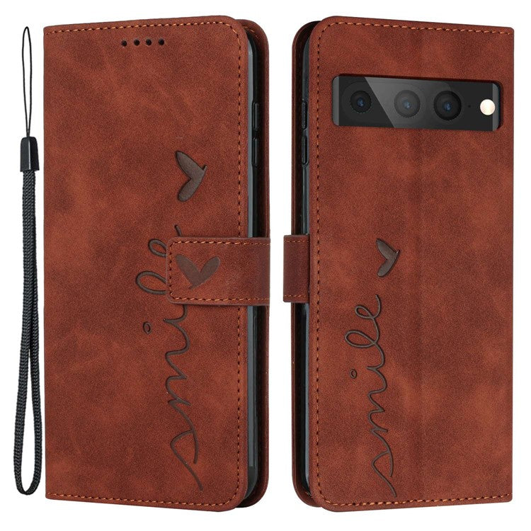 For Google Pixel 7 Pro 5G Skin-touch Feeling PU Leather Wallet Stand Shell Imprinted Heart Shape Anti-scratch Phone Case with Strap - Brown
