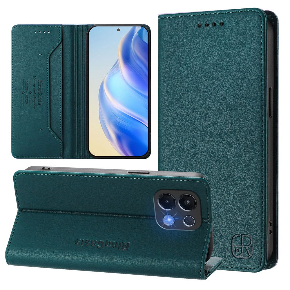For Oppo K13 5G Leather Case RINACASIS RC01 Phone Cover with RFID Blocking Wallet Stand - Dark Green