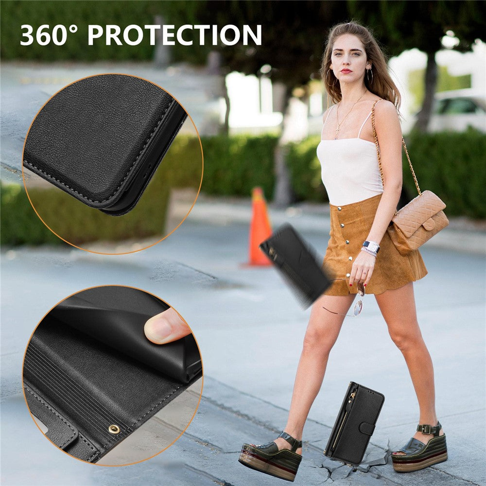 For Oppo K13 5G Case Zipper Pocket Multiple Card Slots Leather Phone Cover - Black