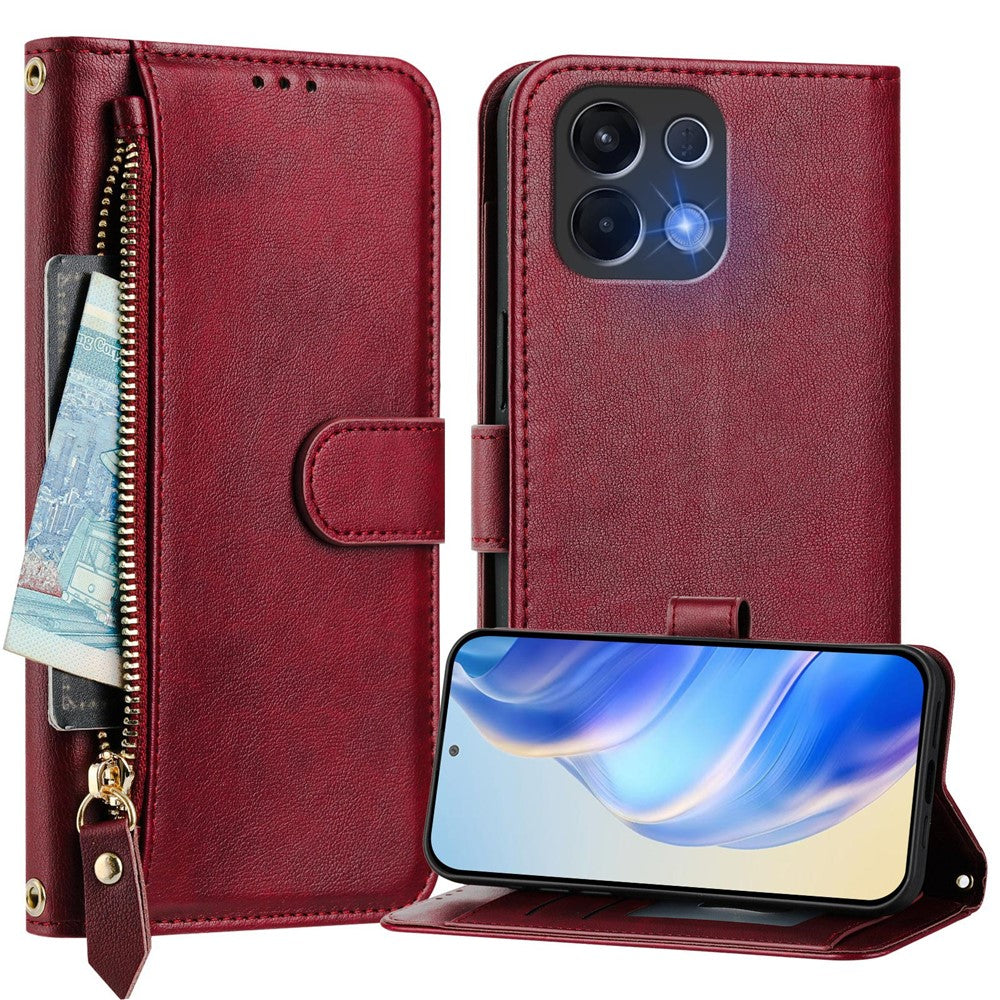 For Oppo K13 5G Case Zipper Pocket Multiple Card Slots Leather Phone Cover - Red