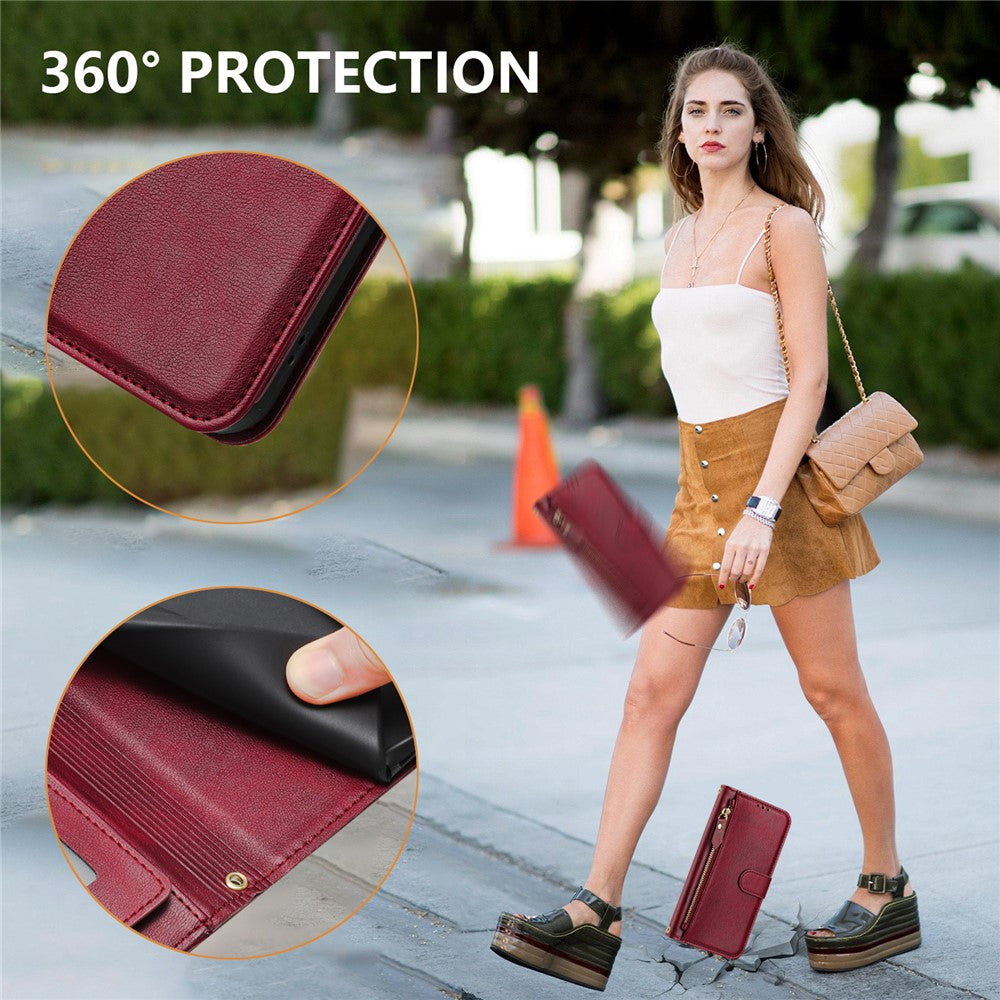 For Oppo K13 5G Case Zipper Pocket Multiple Card Slots Leather Phone Cover - Red