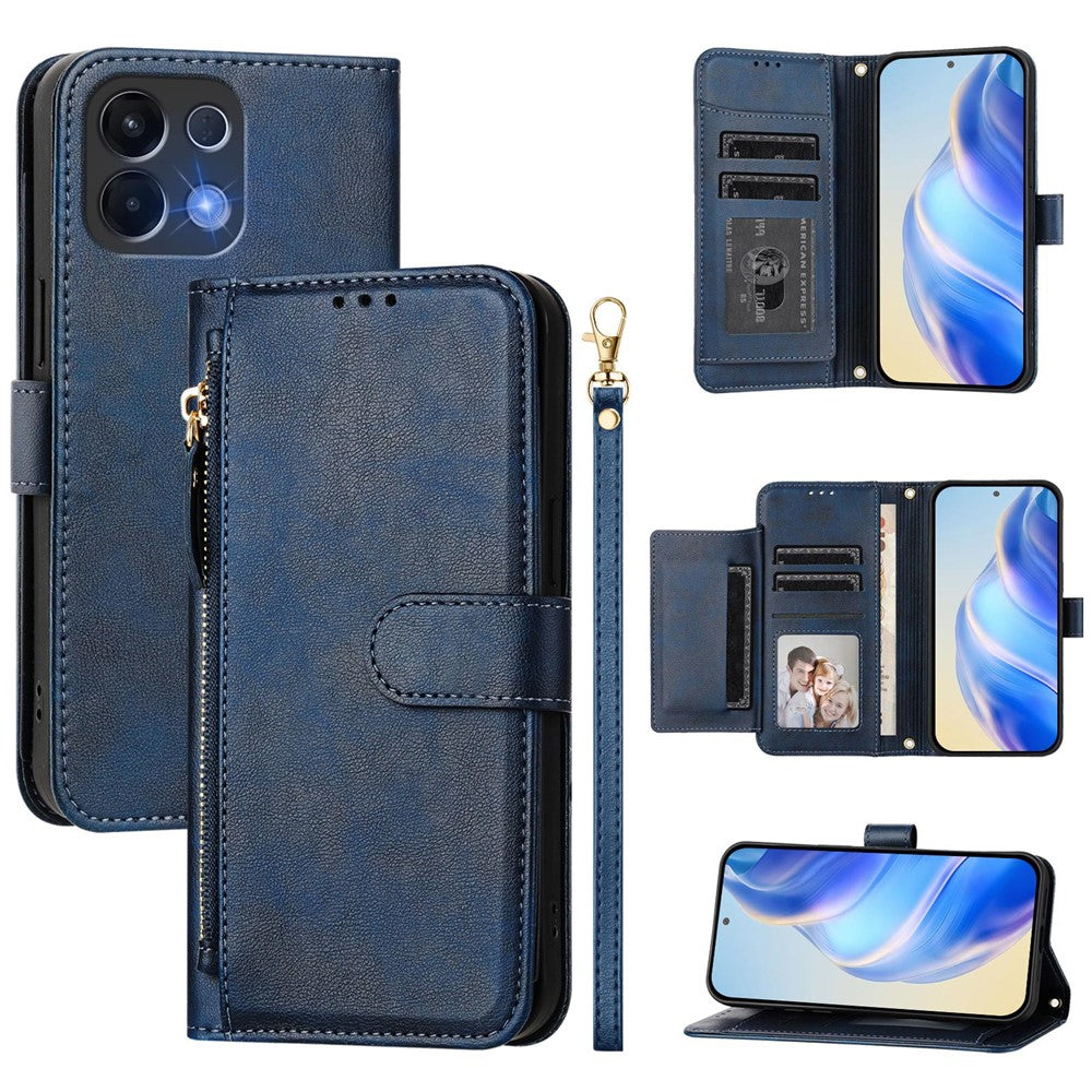 For Oppo K13 5G Case Zipper Pocket Multiple Card Slots Leather Phone Cover - Blue