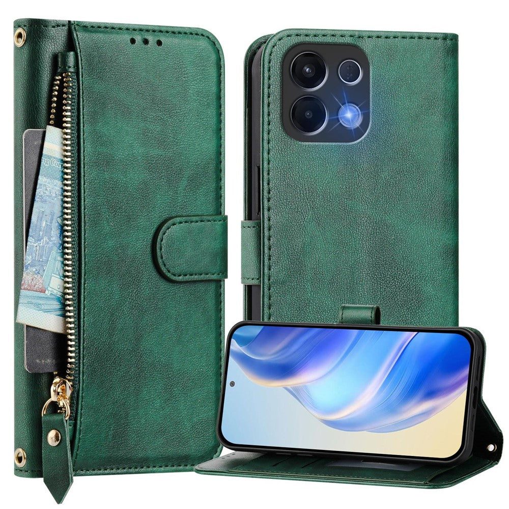 For Oppo K13 5G Case Zipper Pocket Multiple Card Slots Leather Phone Cover - Green