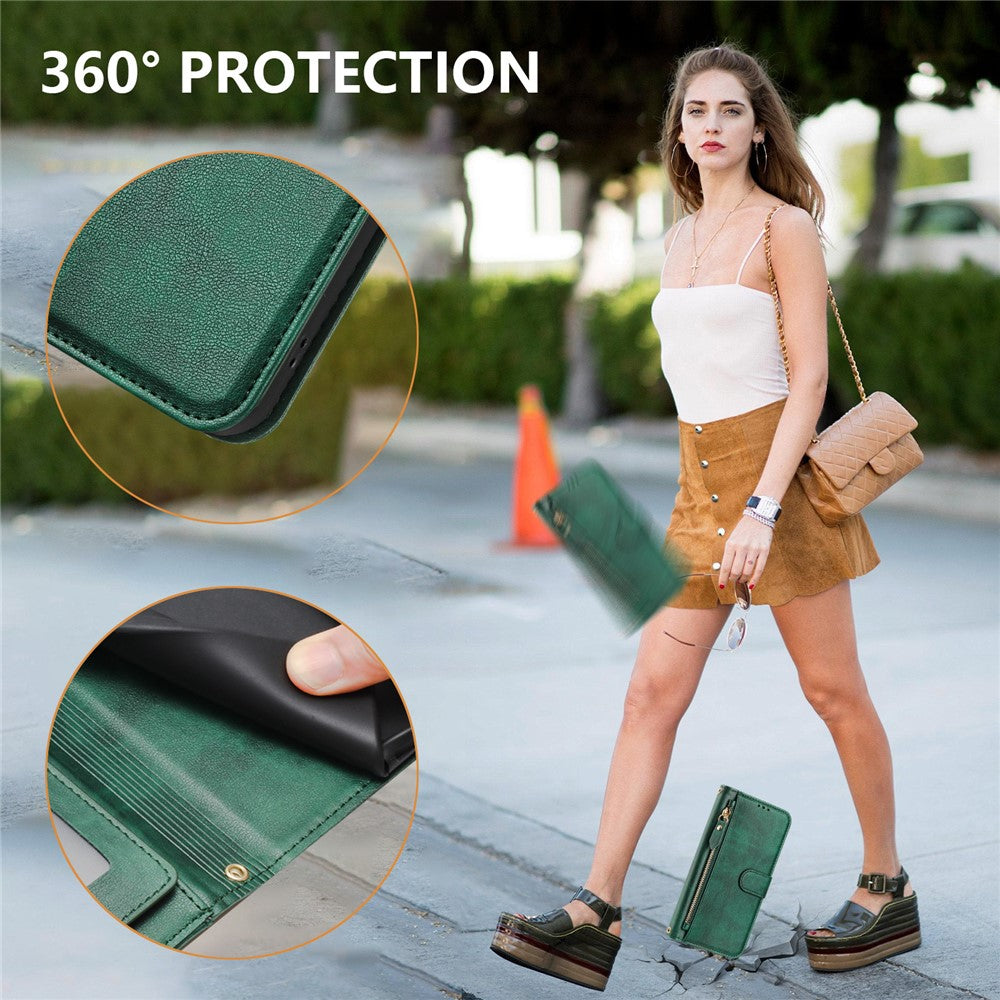 For Oppo K13 5G Case Zipper Pocket Multiple Card Slots Leather Phone Cover - Green