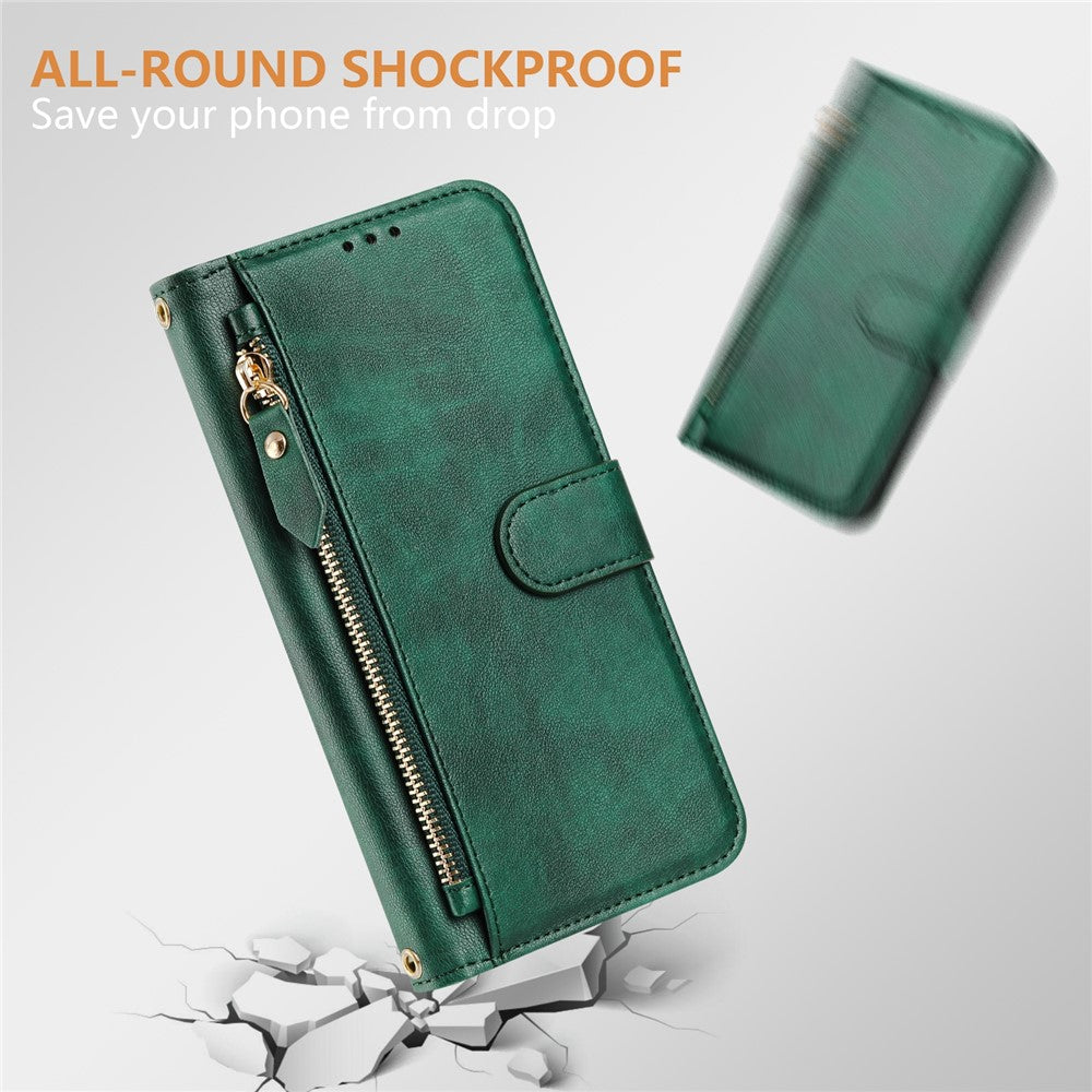For Oppo K13 5G Case Zipper Pocket Multiple Card Slots Leather Phone Cover - Green