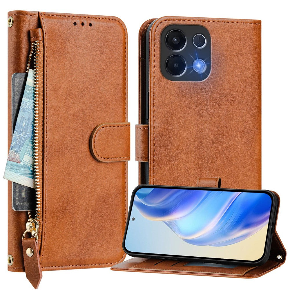 For Oppo K13 5G Case Zipper Pocket Multiple Card Slots Leather Phone Cover - Brown