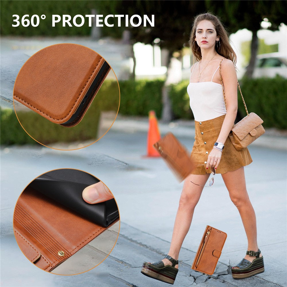 For Oppo K13 5G Case Zipper Pocket Multiple Card Slots Leather Phone Cover - Brown