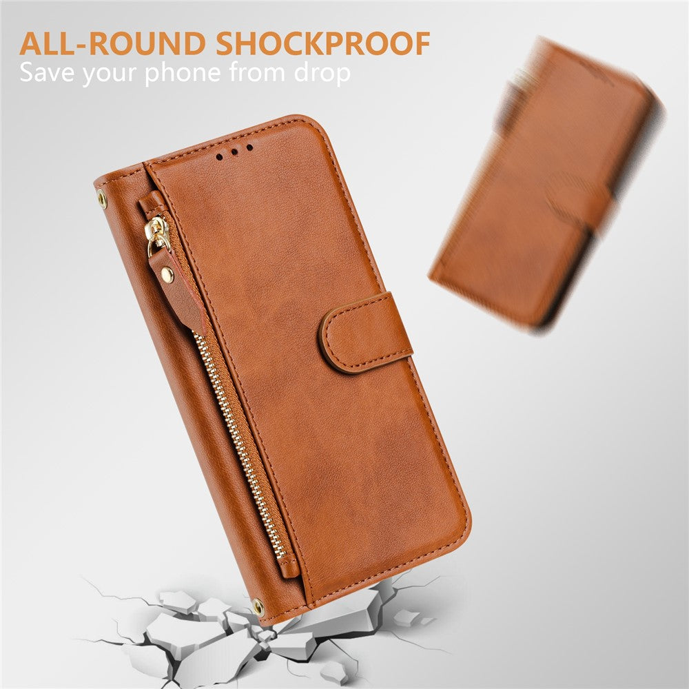 For Oppo K13 5G Case Zipper Pocket Multiple Card Slots Leather Phone Cover - Brown