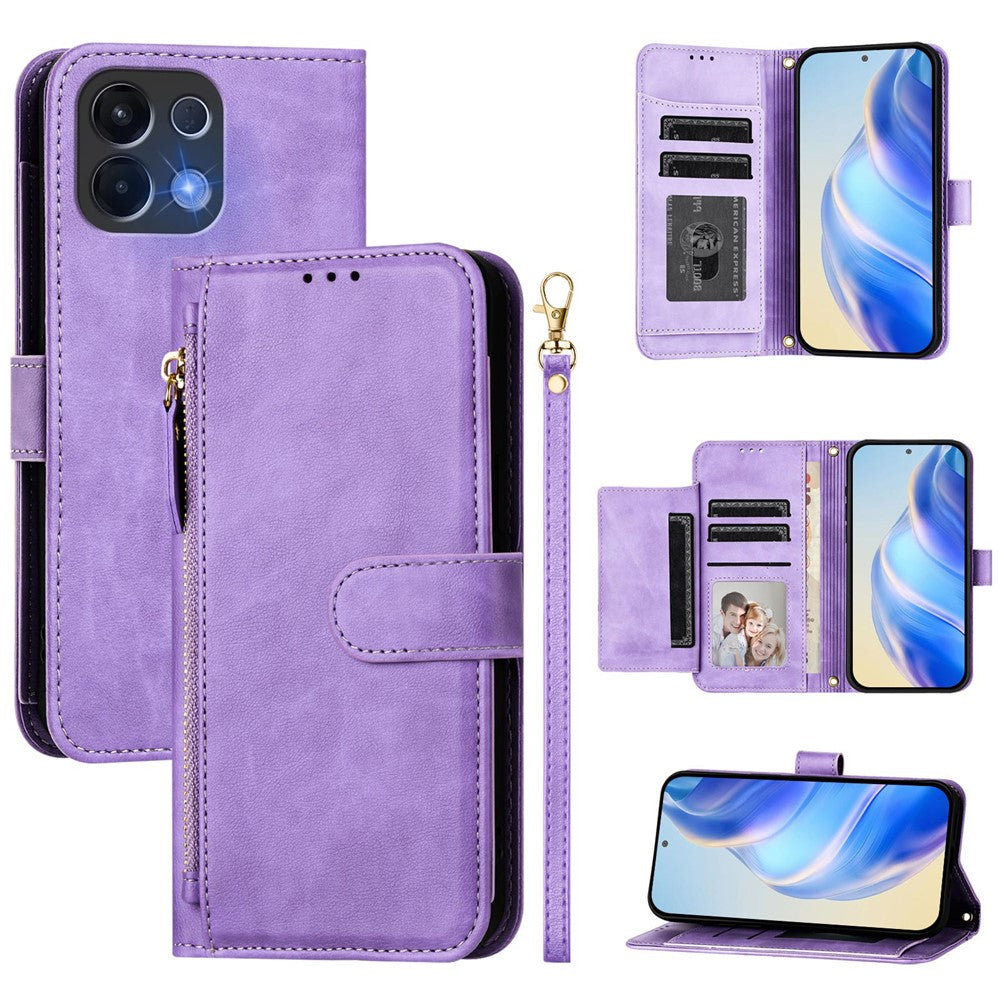 For Oppo K13 5G Case Zipper Pocket Multiple Card Slots Leather Phone Cover - Purple