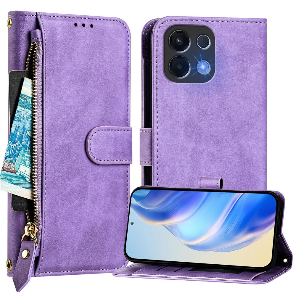 For Oppo K13 5G Case Zipper Pocket Multiple Card Slots Leather Phone Cover - Purple