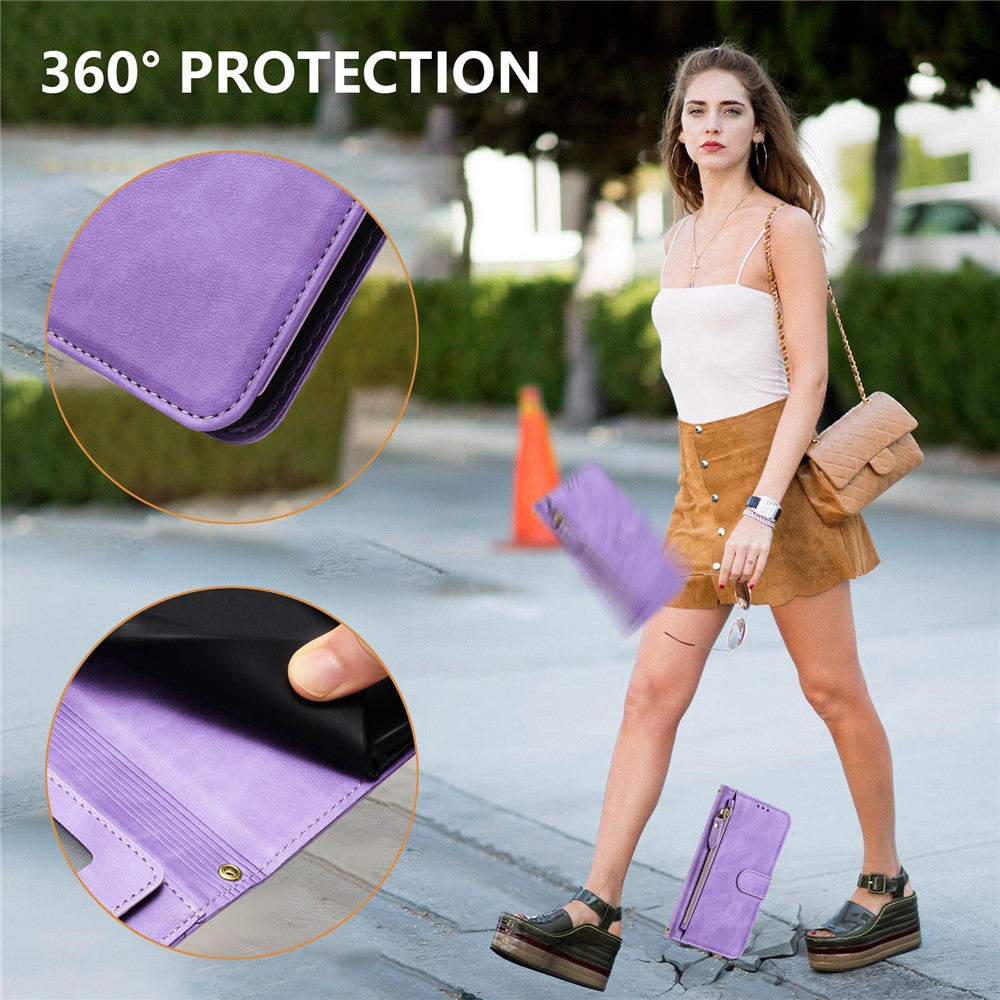 For Oppo K13 5G Case Zipper Pocket Multiple Card Slots Leather Phone Cover - Purple