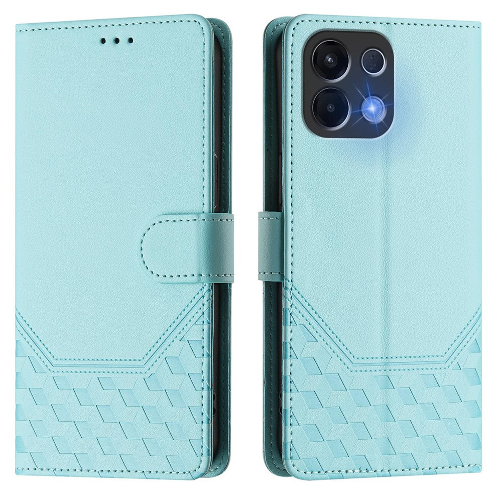 For Oppo K13 5G Case Imprinted Honeycomb RFID Blocking Leather Phone Cover with Strap - Mint Green