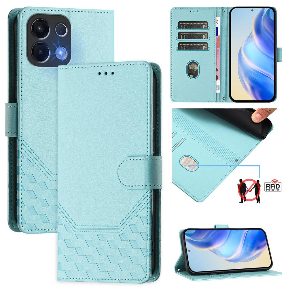 For Oppo K13 5G Case Imprinted Honeycomb RFID Blocking Leather Phone Cover with Strap - Mint Green
