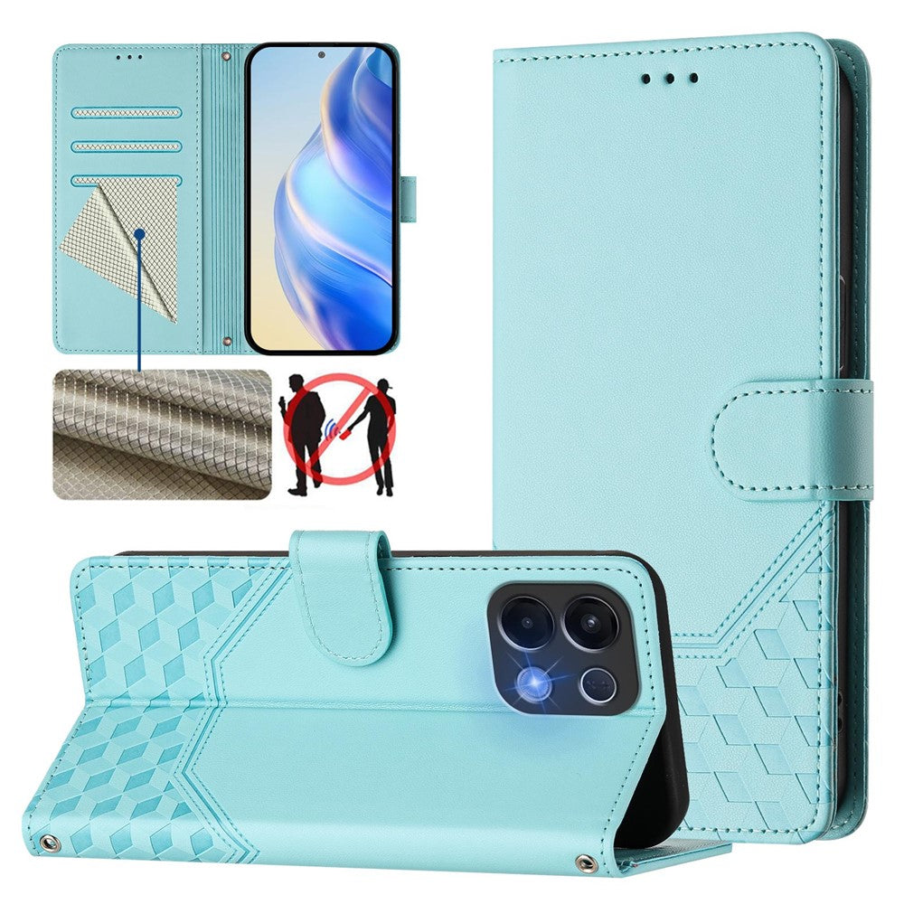 For Oppo K13 5G Case Imprinted Honeycomb RFID Blocking Leather Phone Cover with Strap - Mint Green