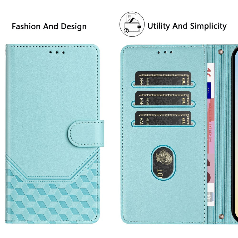 For Oppo K13 5G Case Imprinted Honeycomb RFID Blocking Leather Phone Cover with Strap - Mint Green