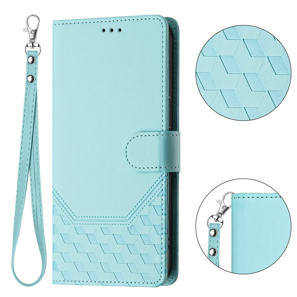 For Oppo K13 5G Case Imprinted Honeycomb RFID Blocking Leather Phone Cover with Strap - Mint Green