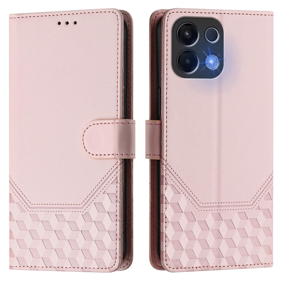 For Oppo K13 5G Case Imprinted Honeycomb RFID Blocking Leather Phone Cover with Strap - Pink