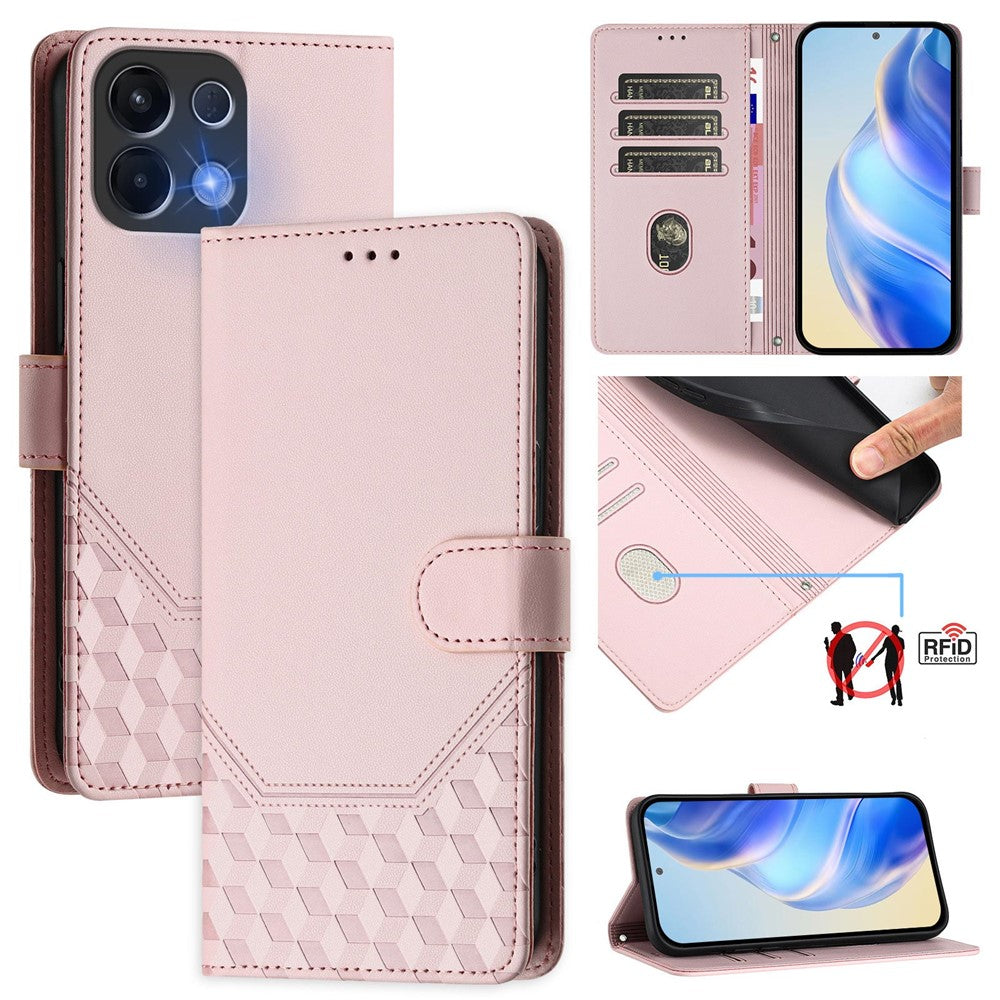 For Oppo K13 5G Case Imprinted Honeycomb RFID Blocking Leather Phone Cover with Strap - Pink