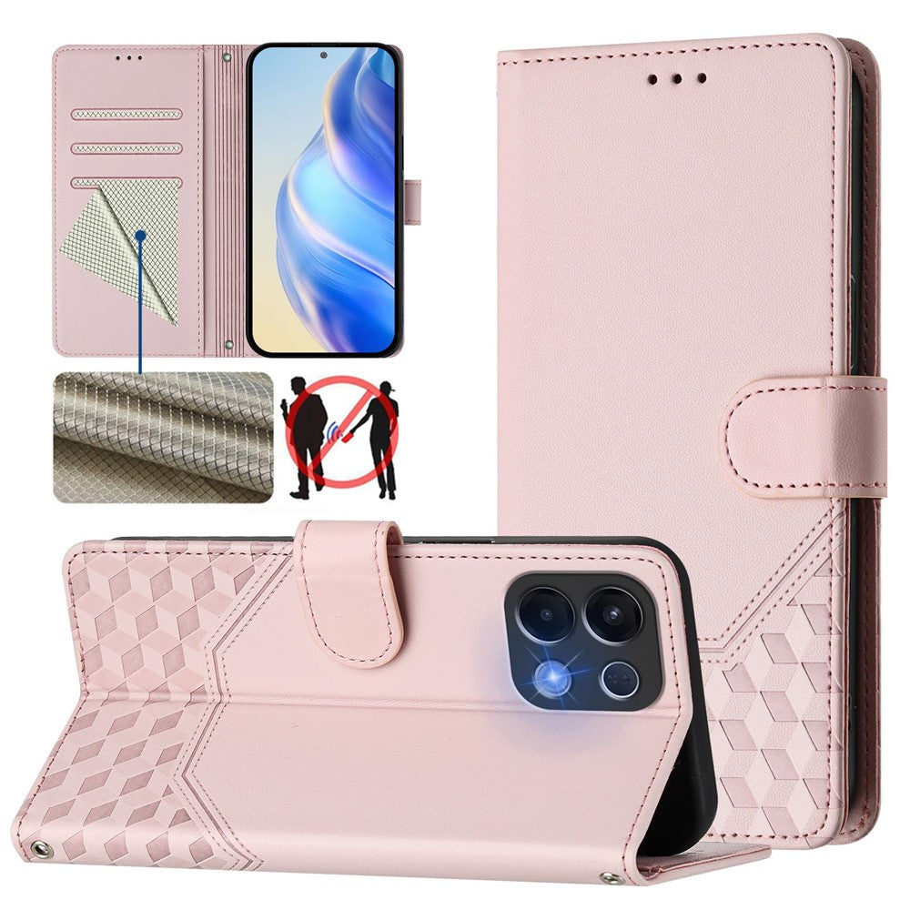 For Oppo K13 5G Case Imprinted Honeycomb RFID Blocking Leather Phone Cover with Strap - Pink