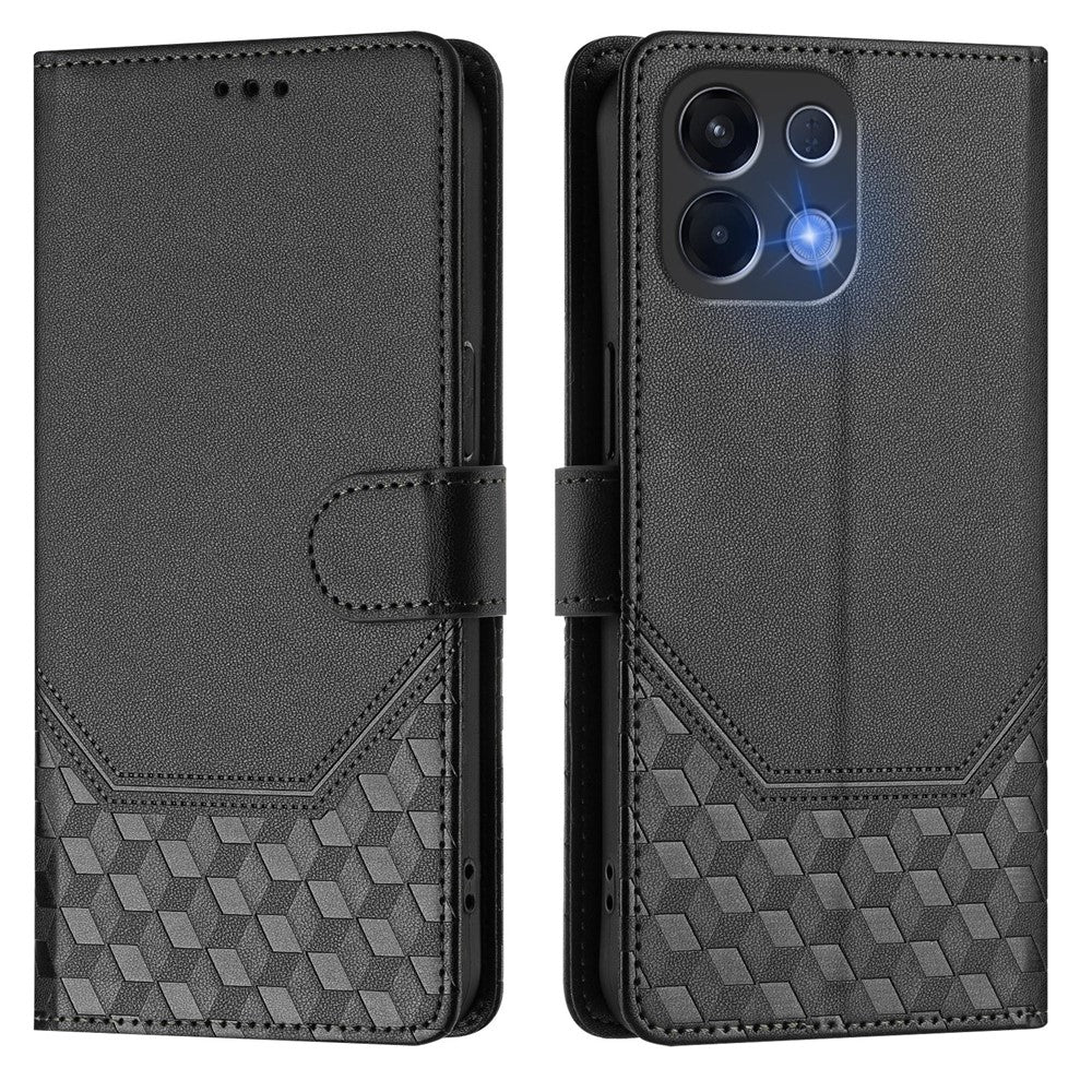 For Oppo K13 5G Case Imprinted Honeycomb RFID Blocking Leather Phone Cover with Strap - Black