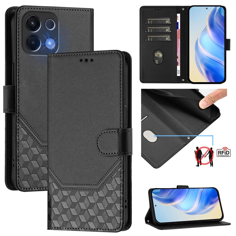 For Oppo K13 5G Case Imprinted Honeycomb RFID Blocking Leather Phone Cover with Strap - Black